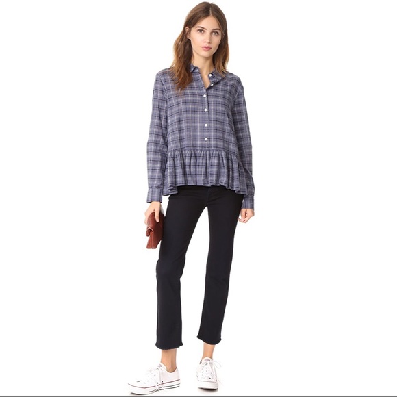 THE GREAT. The Ruffle Oxford Shirt - Library Plaid - Picture 10 of 15